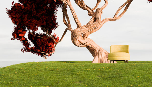 Surreal landscape with red tree and yellow chair