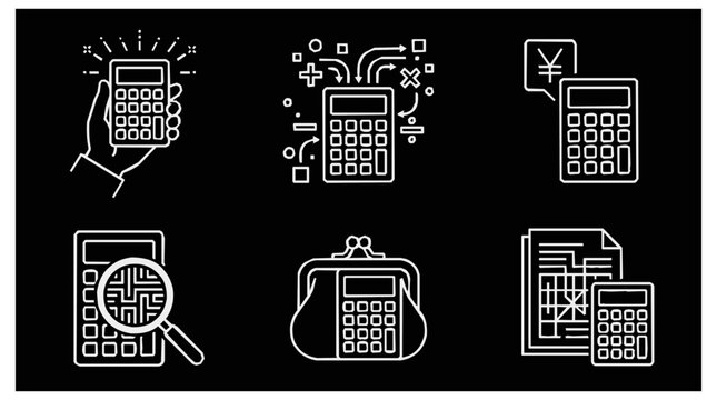 Professional line icons of a calculator used for finance and accounting tasks to manage a budget, including analysis of reports and savings.
