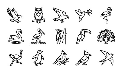 Fototapeta premium Minimalist Bird Line Art Icons, 15 Vector Avian Illustrations, Wildlife and Nature Graphics