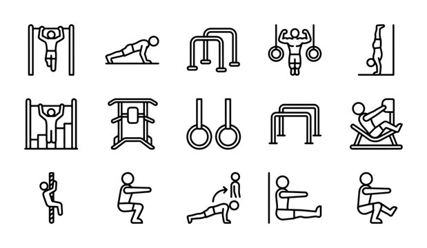 Calisthenics workout vector icons, bodyweight exercise fitness training, strength and agility