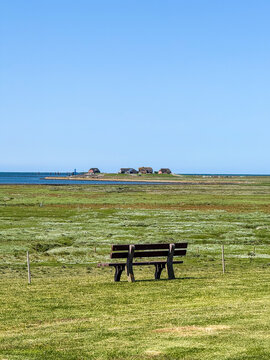 Wooden bench overlooking the salt marshes of Hallig Langene&szlig;, Germany