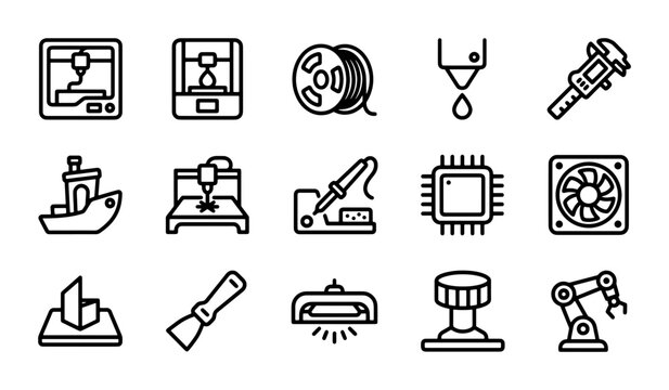 3D Printing Technology Vector Icons, Additive Manufacturing Process, Digital Fabrication Tools Set