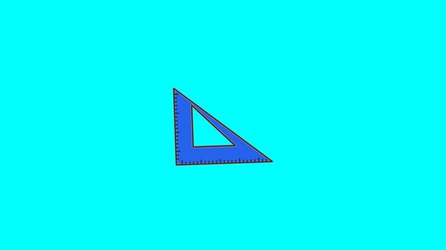 Blue triangular ruler tool with precise measurement markings isolated on a bright cyan background for digital animation motion video clip