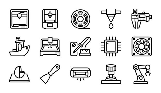 3D Printing Technology Vector Icons, Additive Manufacturing Tools, Engineering Equipment Set