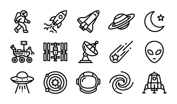 Space exploration vector icons, astronaut, rocket, shuttle, planets, moon, alien, UFO, galaxy, cosmos