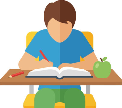 Student writing in book at desk with apple, education concept, flat illustration