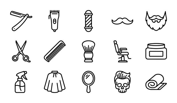 Barber Shop Icons, Hairdressing Tools, Grooming Essentials, 15 Black Line Vector Set