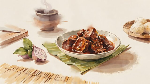Watercolor painting of rendang indonesian beef stew with traditional side dishes