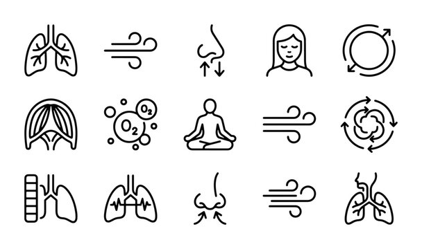 Breathing line icons, human lungs and respiratory system, meditation and breath vector set