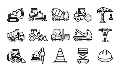 Construction machinery vector icon set, heavy equipment and industrial vehicles, building site tools, engineering and infrastructure development line art collection © Tanvir