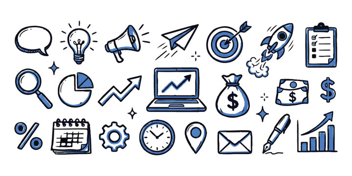 Set of business and finance doodle icons for marketing and strategy development with blue accents