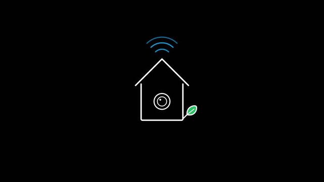 Smart home security camera icon showing wireless connectivity and eco friendly leaf design in this simple minimalist motion video animation