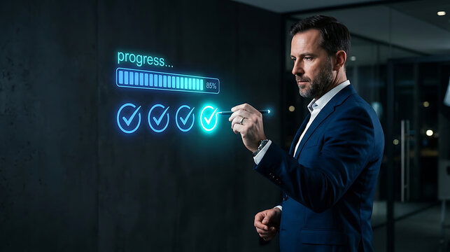Businessman checking off tasks on digital holographic progress status interface with businessman progress checklist holographic interface technology business completion professional checkmark
