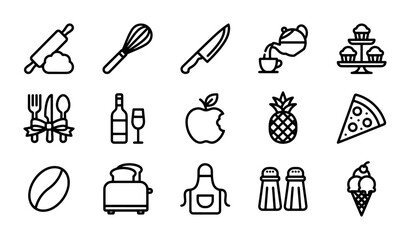 Fototapeta premium Kitchen Utensils and Food Icons, a Culinary Vector Set for Restaurant Menus and Cooking Apps