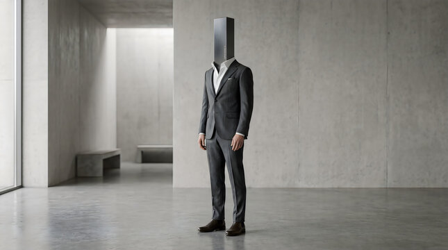 Surreal businessman with a black monolith head in a concrete room