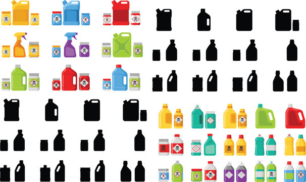 Hazardous Chemical Container Collection with Warning Labels Silhouettes and Cleaning Bottles Vector Set