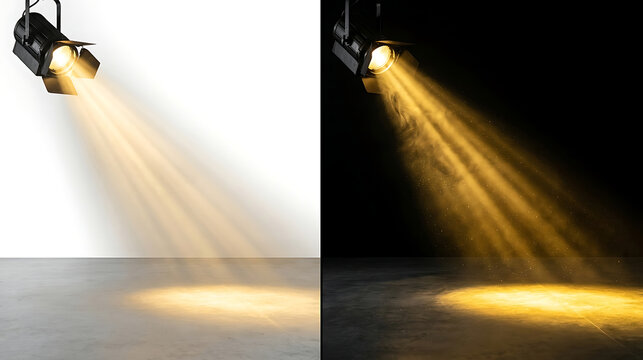 Studio theatrical stage spotlight beam with hazy light diffusion against white and black wall spotlight theatrical background diffusion direction lighting interior performance contrast