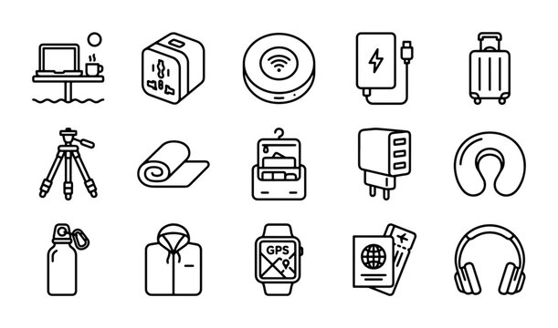 Travel and tourism line icon set, essential vacation accessories, digital nomad gear, and adventure trip essentials, a versatile vector collection for modern explorers.