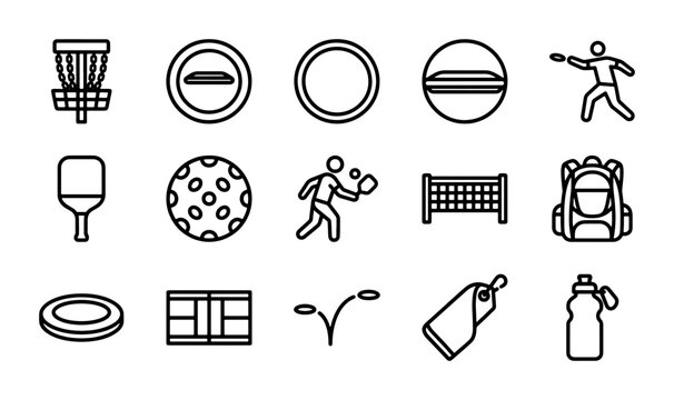 Modern disc golf and pickleball vector icon set, 15 black line art sports graphics, outdoor recreation equipment and player silhouettes, athletic activity design elements for web and print.