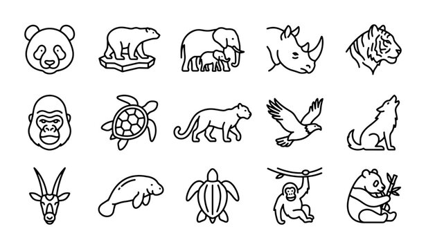 Minimalist wildlife animal icon set, 15 black outline vector illustrations of endangered species, diverse global fauna collection for conservation and nature themes