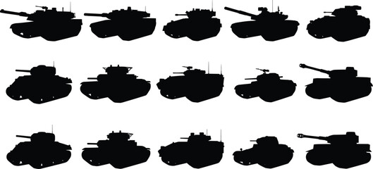 Fototapeta premium Military Tank Silhouette Collection with Different Angles and Models Vector Icon Set