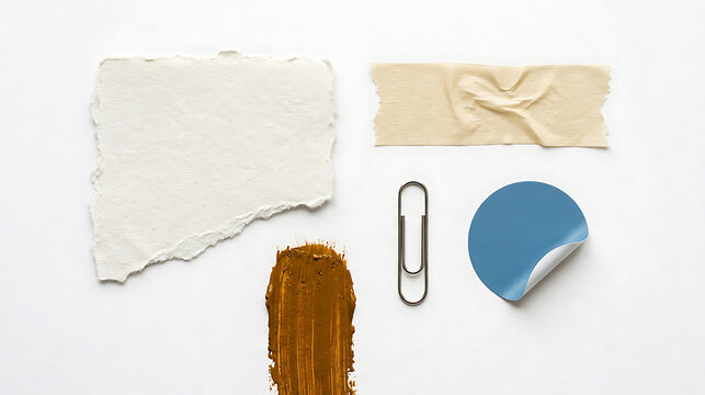 Minimalist composition of white ripped paper scrap adhesive tape paperclip and brown paint stroke on white background with adhesive paperclip minimalist stationery supplies creative background
