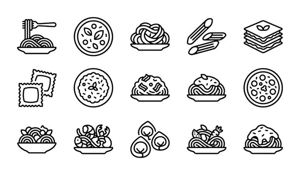 Italian Food Line Icons, Pasta Dishes, Pizza, Lasagna, Ravioli, 15 Vector Illustrations for Restaurant Menus
