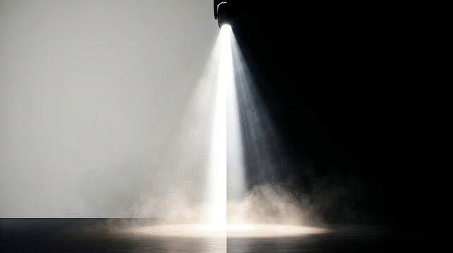 Single stage spotlight beam shining down on dark floor creating atmospheric light cone with dust particles spotlight atmospheric particles dramatic performance entertainment illumination