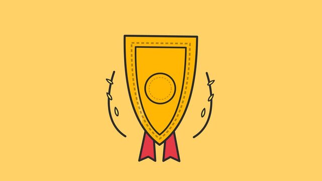 Golden shield trophy with red ribbons and laurel leaves appears in this high quality flat design digital animation video footage