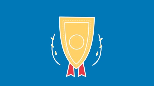 Gold shield trophy icon with red ribbons and laurel branches displayed in a minimalist 2d vector animation video clip
