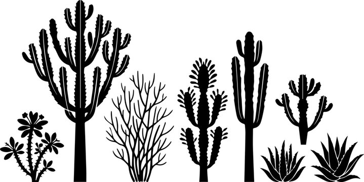 Desert Cactus and Dead Tree Silhouette Set &ndash; Saguaro, Bare Branch, Arid Landscape Icons
