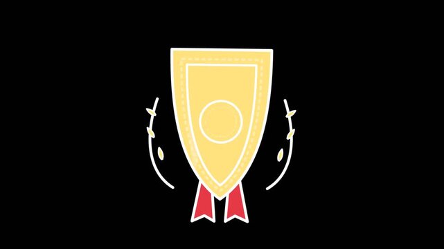 Golden shield emblem featuring decorative laurel leaves and vibrant red ribbons in this flat style 2D animated motion graphic video
