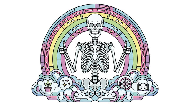 skeleton with rainbow armillary sphere and thumbs up for science and astronomy education