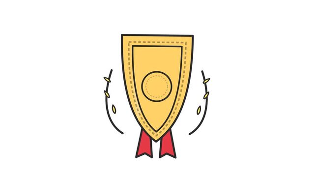 Gold shield badge animation featuring red ribbons and laurel branches in a simple flat hand drawn style video clip
