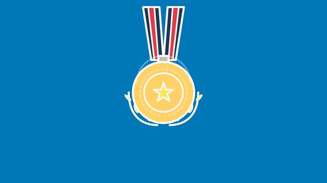 Golden winner medal featuring a central star icon suspended on a striped ribbon in this clean flat design motion video