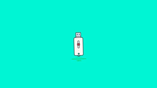 White usb flash drive showing progress bar animation in motion clip with bright cyan background for digital data transfer projects