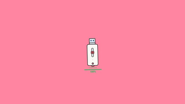 Usb flash drive digital interface animation showing a progressive loading bar sequence reaching total completion on pink motion video clip