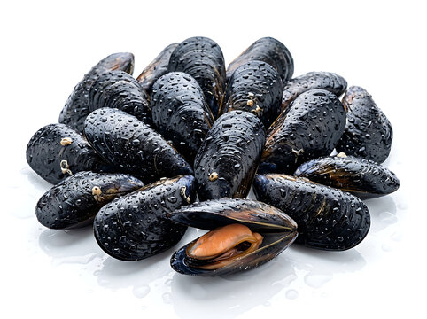 Fresh mussels with water droplets, close-up shot