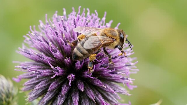 Bee collecting pollen from a purple thistle flower with shallow depth of field during daytime