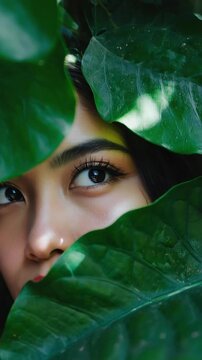 Young Asian Woman Peeking Through Lush Green Foliage - Mysterious Portrait in Natural Light and Shadow