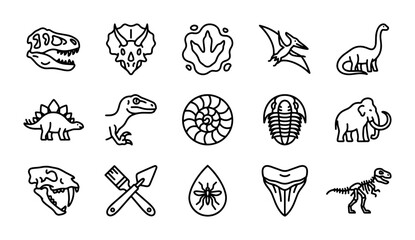 Dinosaur Icons Set, Prehistoric Creatures Vector Graphics, Fossil Collection, Paleontology Symbols © Md