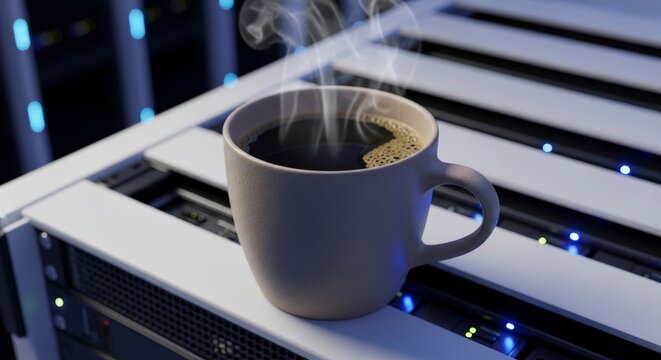 Steaming hot coffee cup on computer.