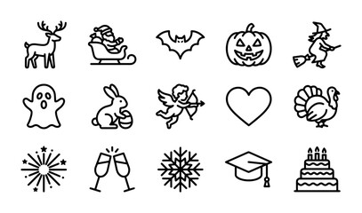 Fototapeta premium Holiday Celebration Line Icons, Festive Occasion Vector Set, Seasonal Event Graphics, Party Symbols