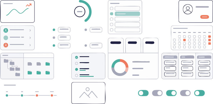 Minimalist website layout blocks for business dashboard development featuring simple charts progress bars and data tables.