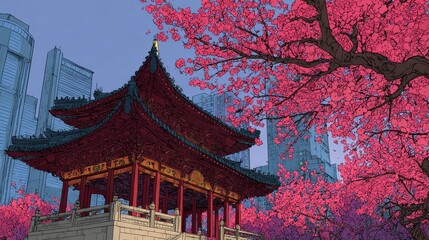 Obraz premium Traditional Chinese building under cherry blossoms