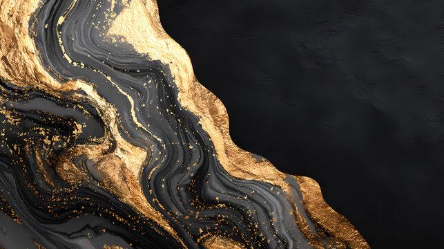 Luxurious modern Japanese abstract background with black suminagashi ink marble texture and golden foil veins