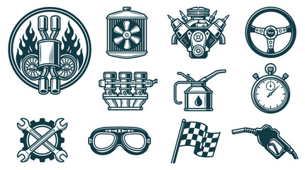 Collection of vintage automotive icons including a V8 engine, radiator, exhaust system with flames, steering wheel, oil can, stopwatch, crossed wrenches, goggles, and checkered racing flag. © TOKOKITAB
