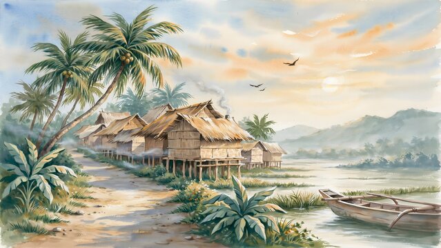 Watercolor painting of traditional stilt houses near a tropical river at sunset
