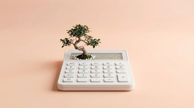 Small Bonsai Tree Growing From A Modern White Calculator On A Minimal Pastel Background Representing Sustainable Financial Growth And Investment