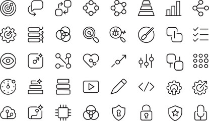 Naklejka premium 40 Artificial Intelligence AI Line Icons Set – Machine Learning, Automation, Data Analytics, Technology Outline Vector Collection